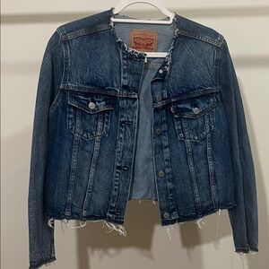 Levi's Blue Collarless Denim Jean Jacket with Frayed Edges